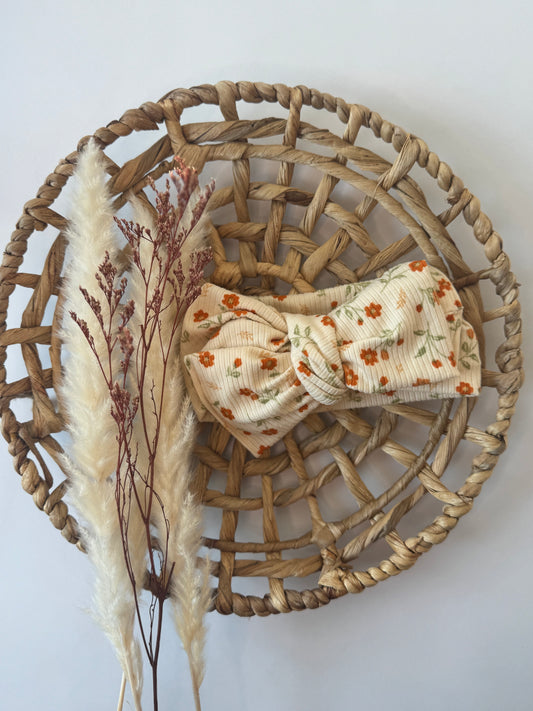 Oversized Bow Cream and Orange Floral Ribbed Tie On Headwrap