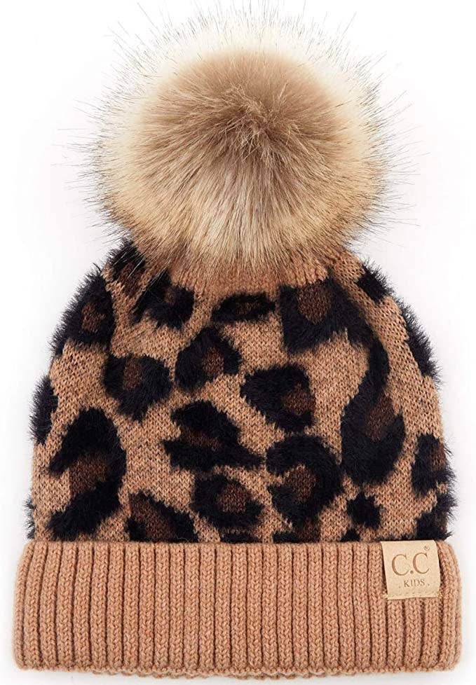 Kids Faux Fur Single Pom Beanie (All Over Leopard - Latte)
