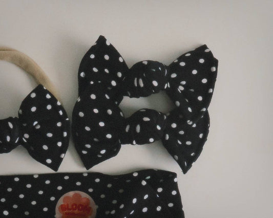 Black Polka Dot Bloom Piggie Clips or Nylon headband