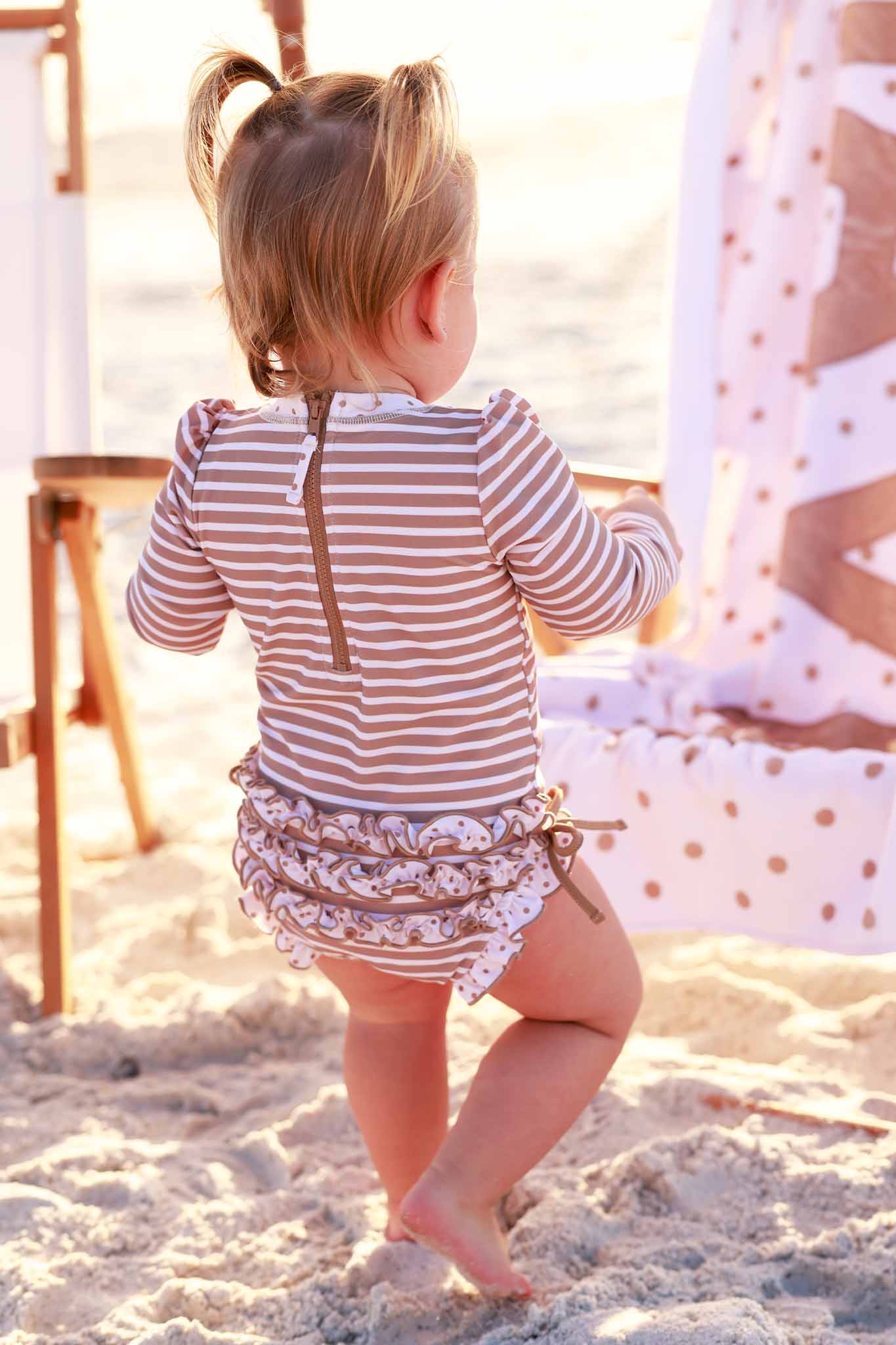 Long Sleeve Rash Guard With Ruffle Bottom | Sandy Stripes