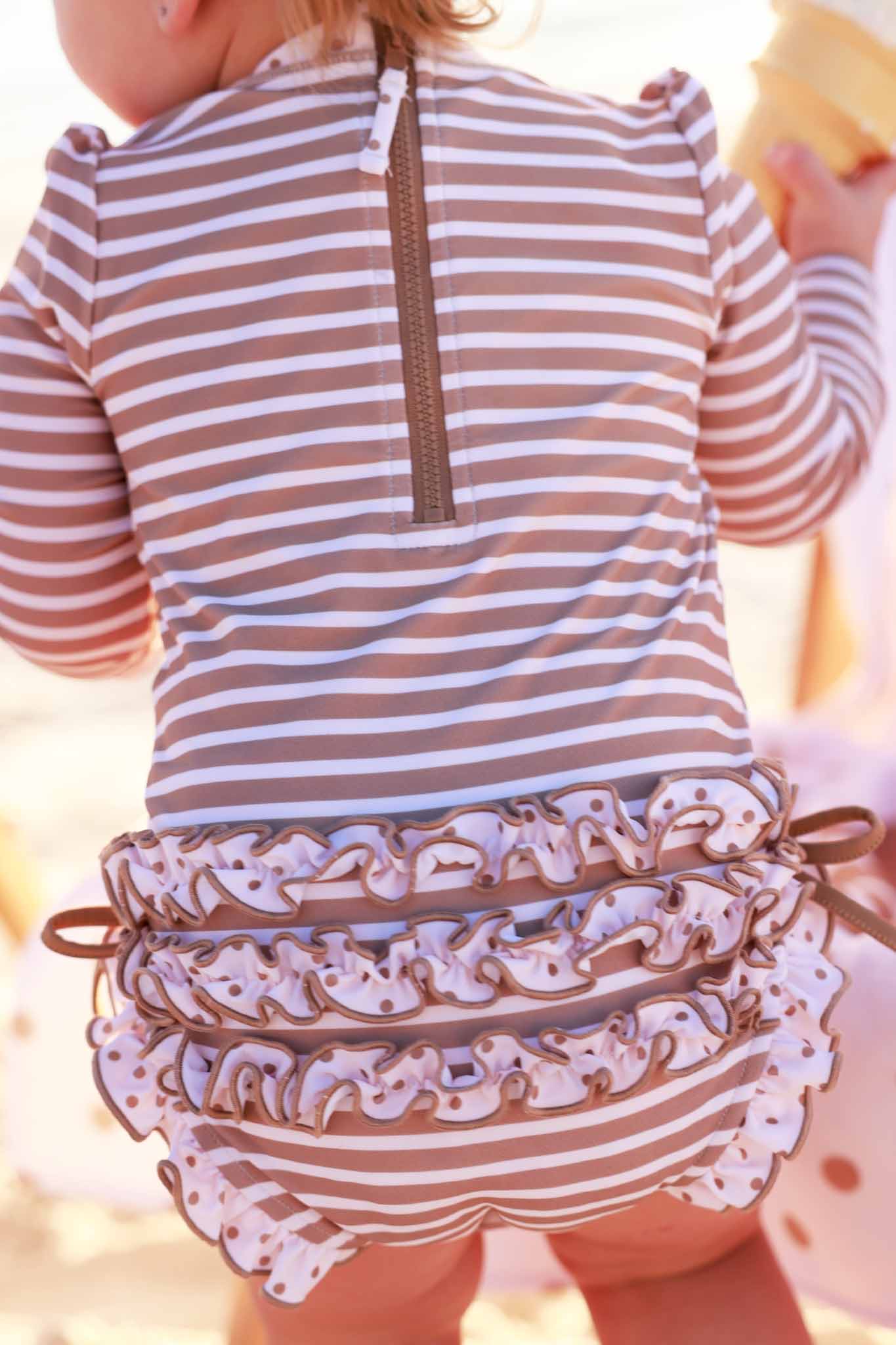 Long Sleeve Rash Guard With Ruffle Bottom | Sandy Stripes