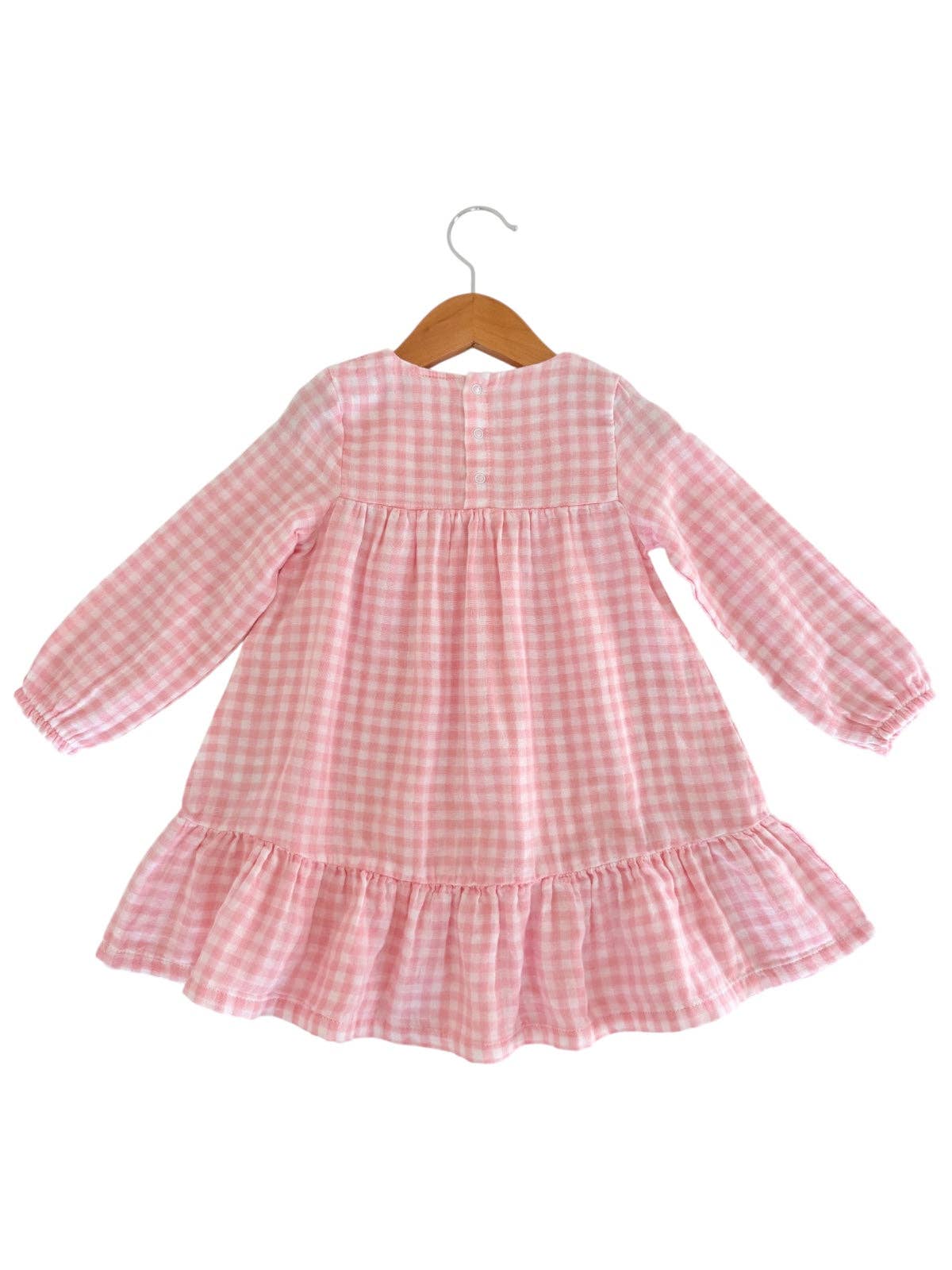 Smocked Ruffle Tiered Dress, Pink Gingham