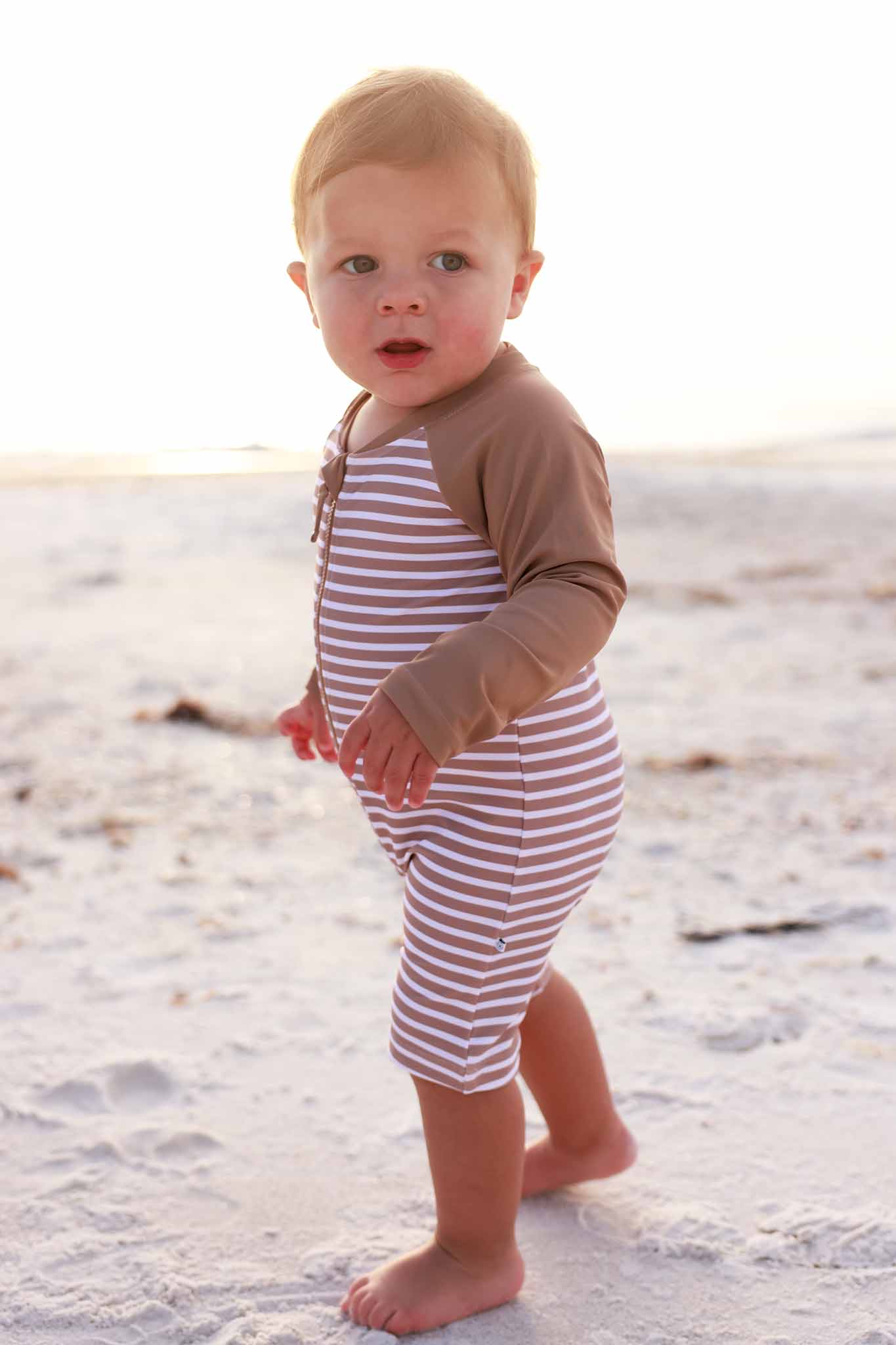 Long Sleeve Rash Guard Swim Romper Shortie | Sandy Stripes
