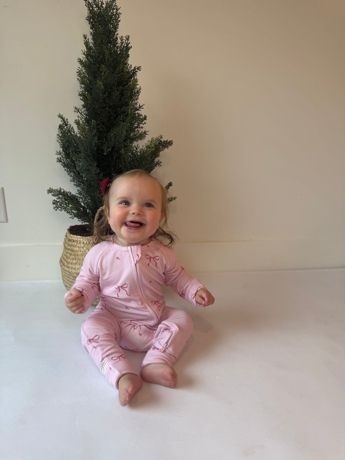 Ribbed Bamboo Convertible Romper in Pink Bows