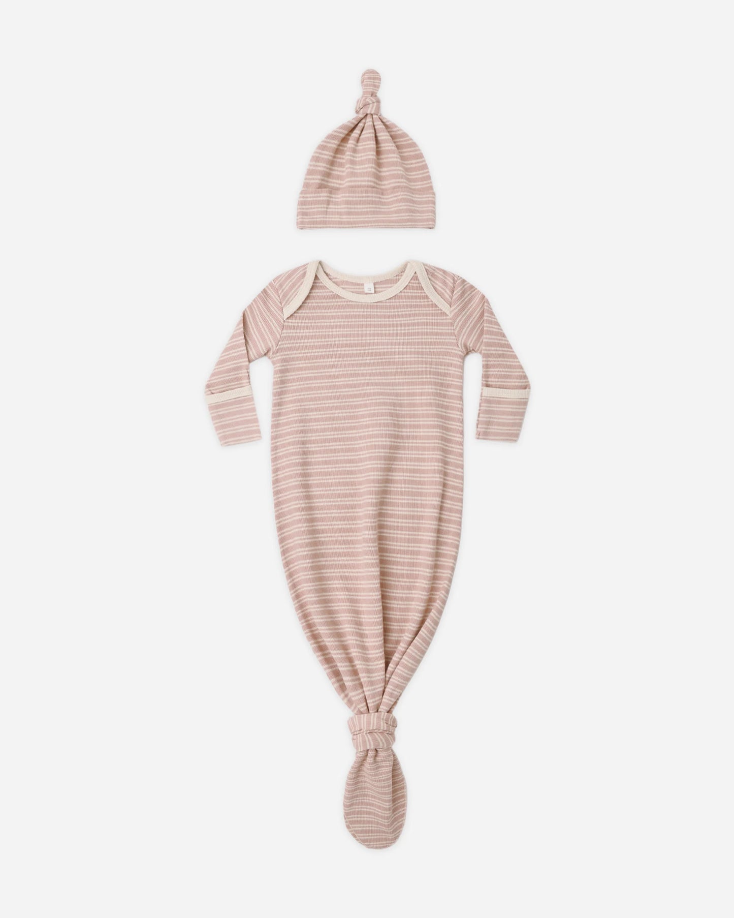 Knotted Baby Gown + Hat Set Dusty Rose Microstripe