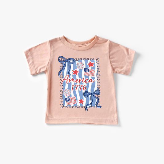 America 1776 Flag Bow 4th of July Kids Patriotic Shirt