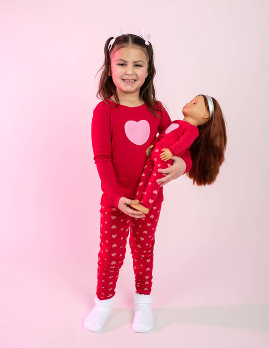 Kids Girl & Doll Cotton Hearts Pajama for Valentine's Day