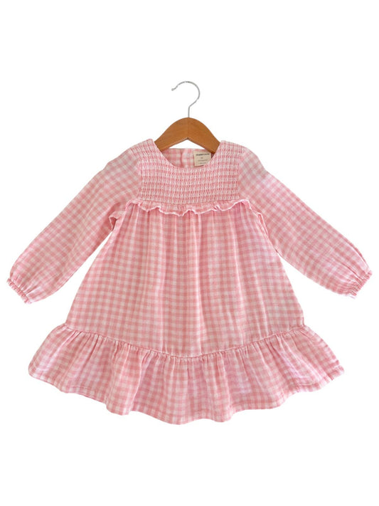 Smocked Ruffle Tiered Dress, Pink Gingham