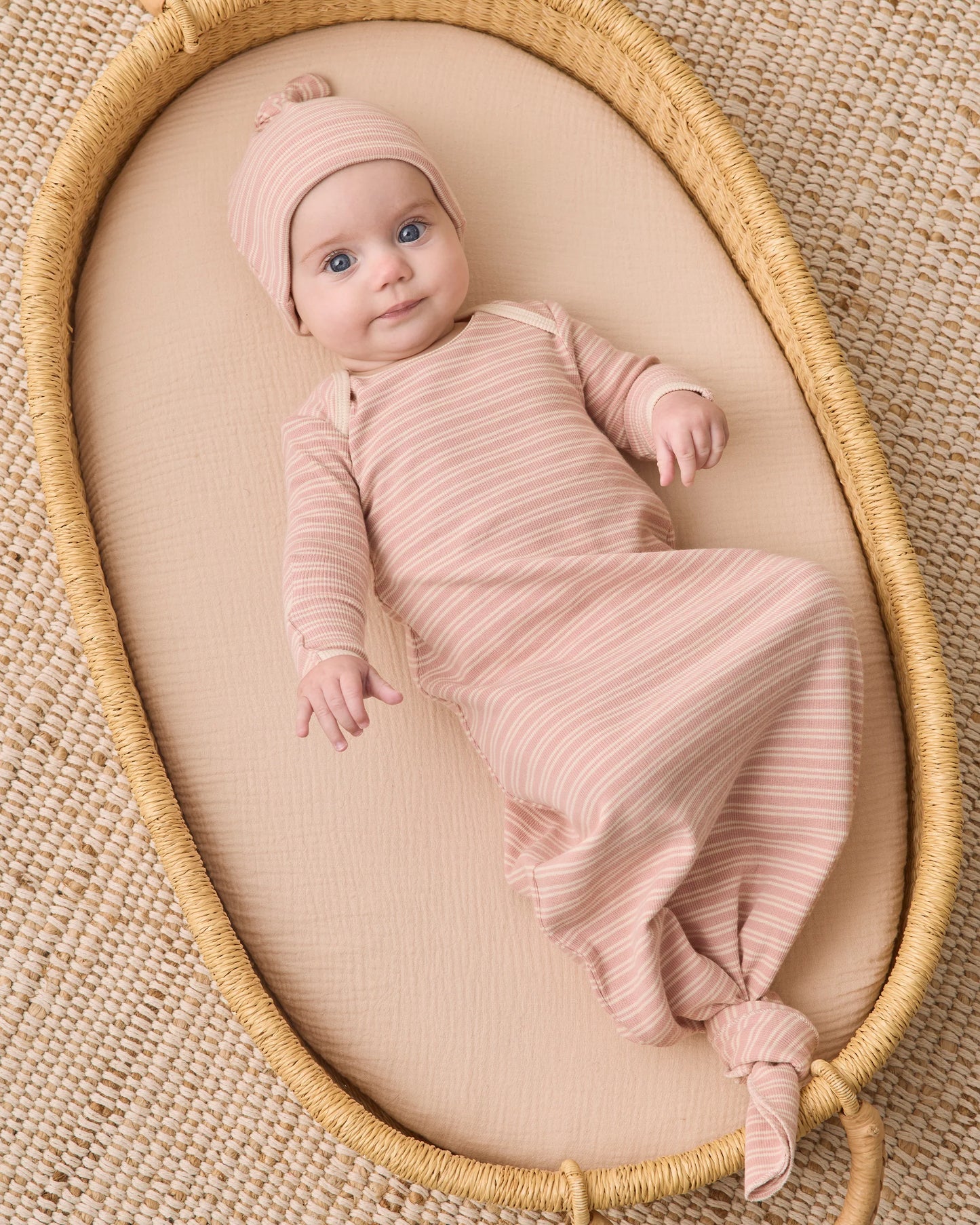 Knotted Baby Gown + Hat Set Dusty Rose Microstripe