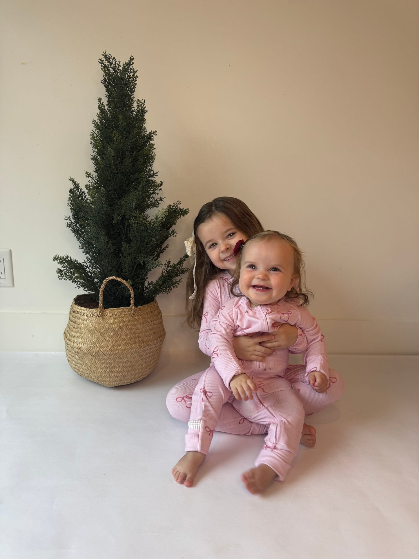 Ribbed Bamboo Two Piece Pj Sets in Pink Bows