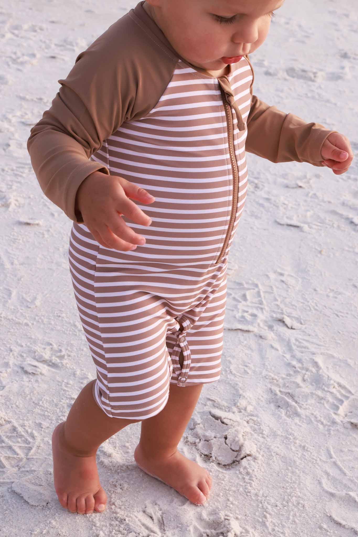 Long Sleeve Rash Guard Swim Romper Shortie | Sandy Stripes