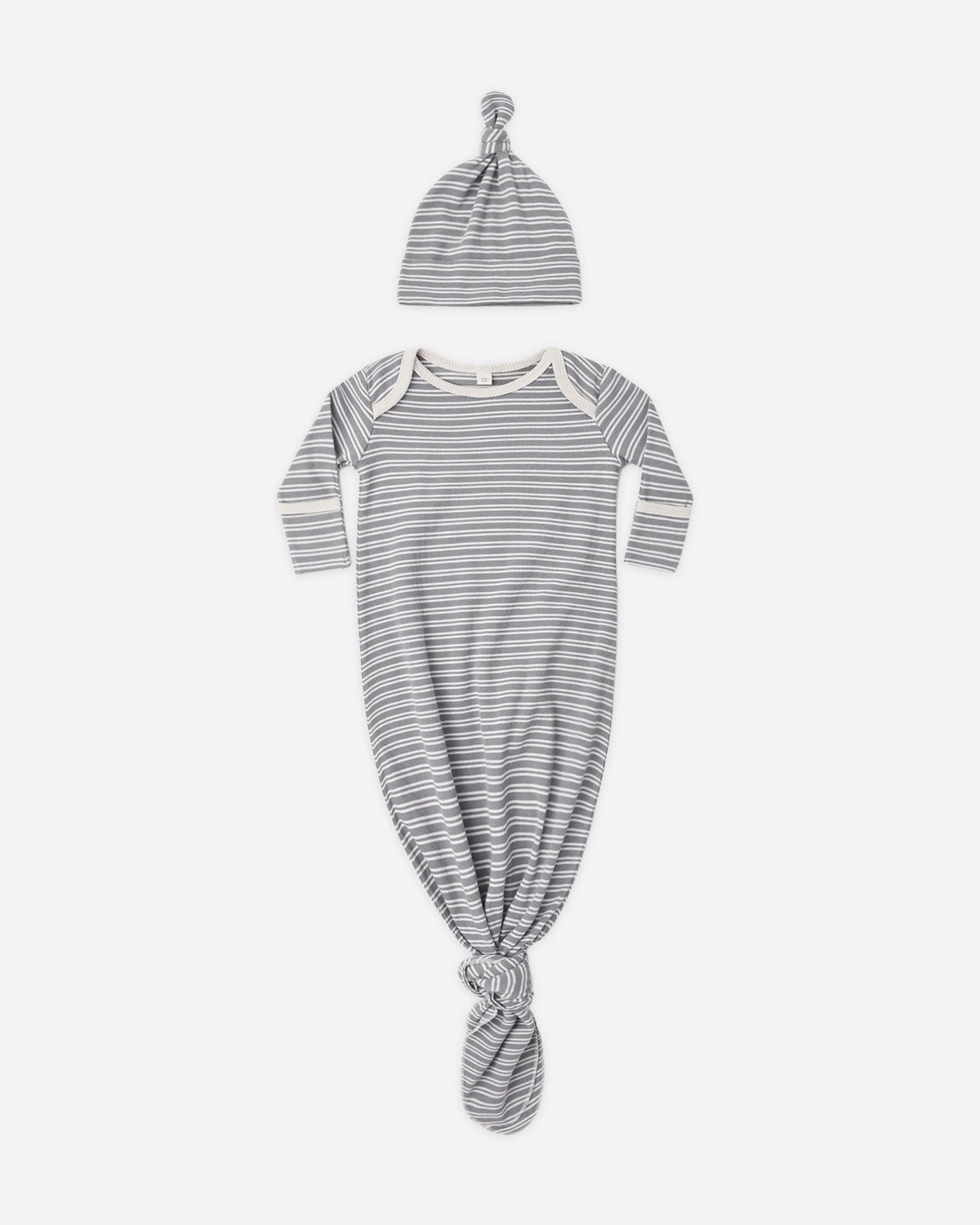 Quincy Mae Knotted Baby Gown And Hat Slate Microstripe