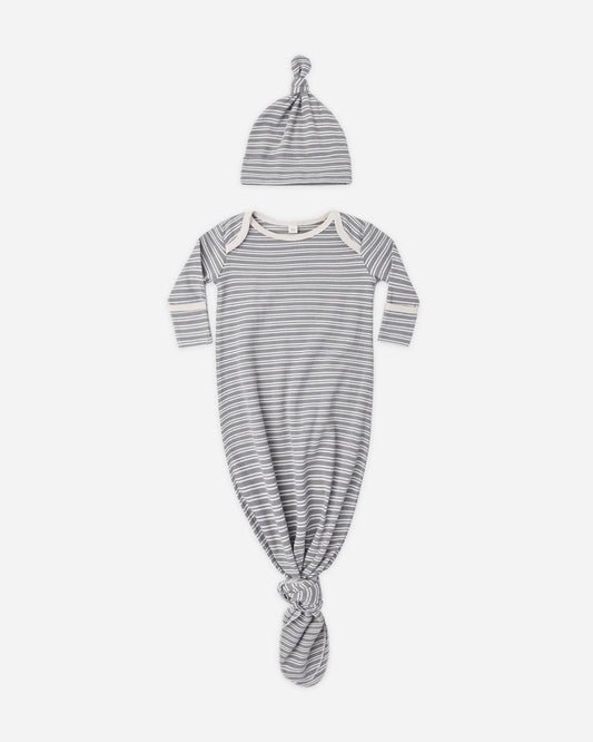 Quincy Mae Knotted Baby Gown And Hat Slate Microstripe