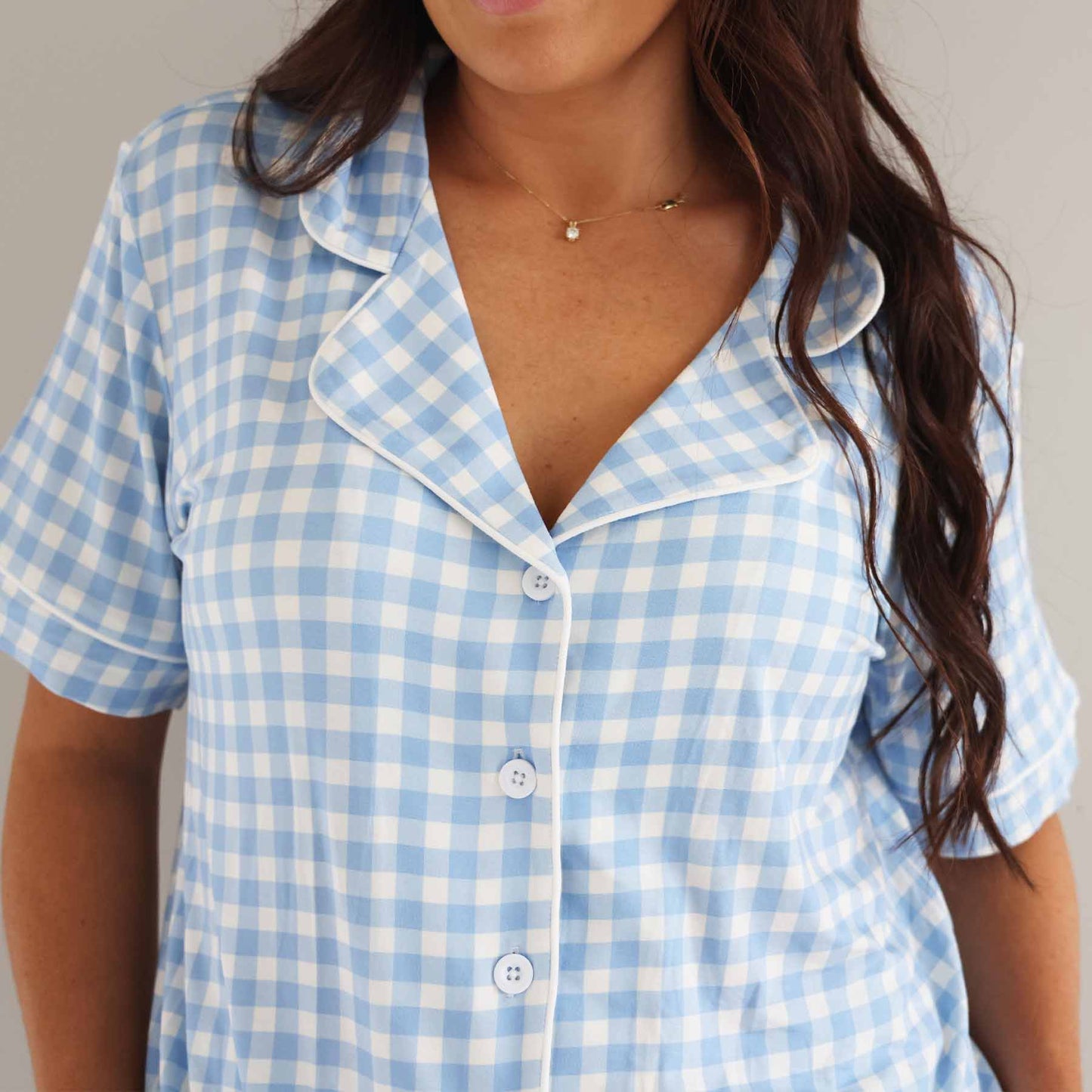 Women's Two Piece Flare Lounge Set | Blue Gingham