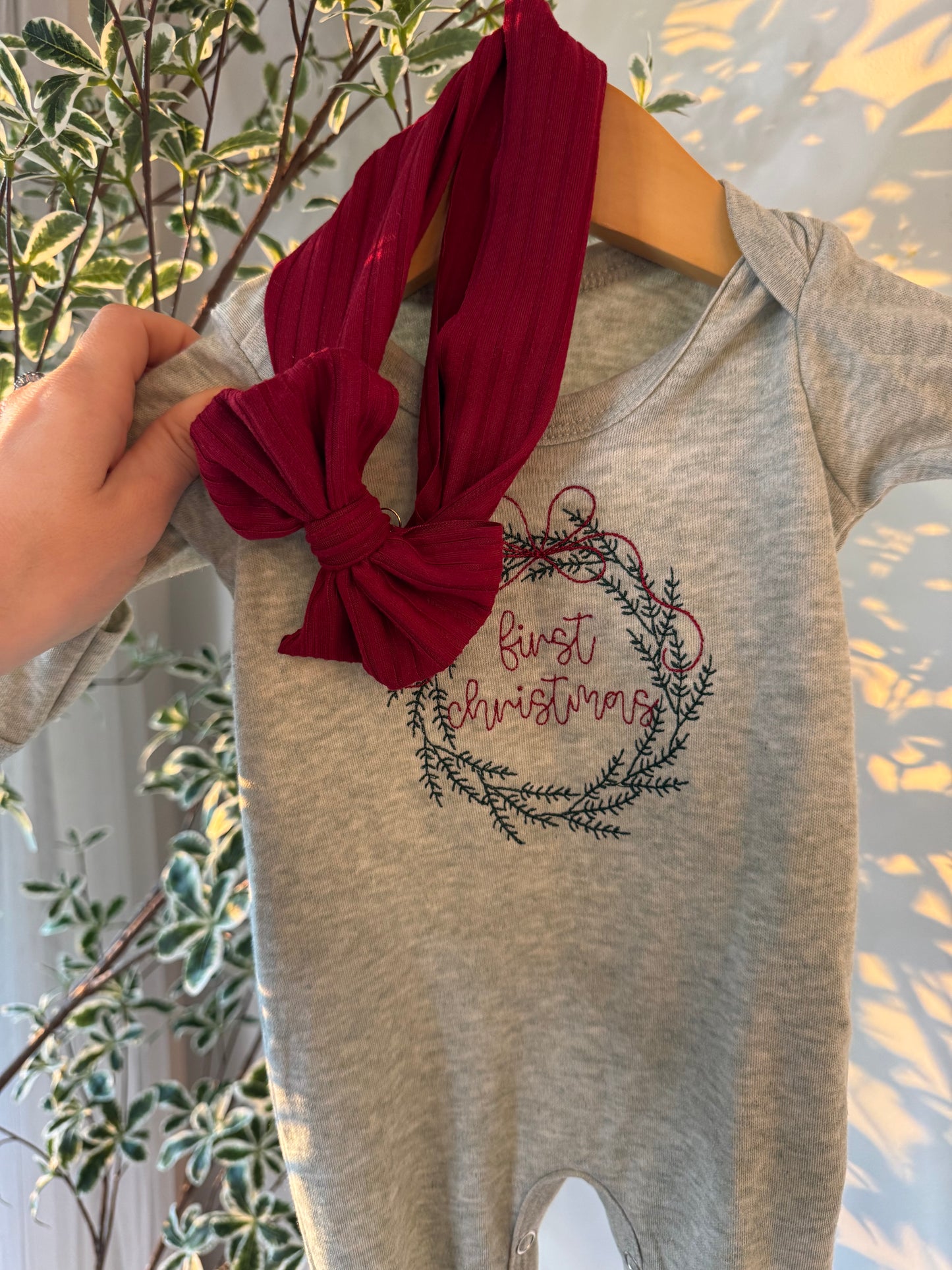 Baby Romper | Sage Green First Christmas Wreath Outfit WITH BOW