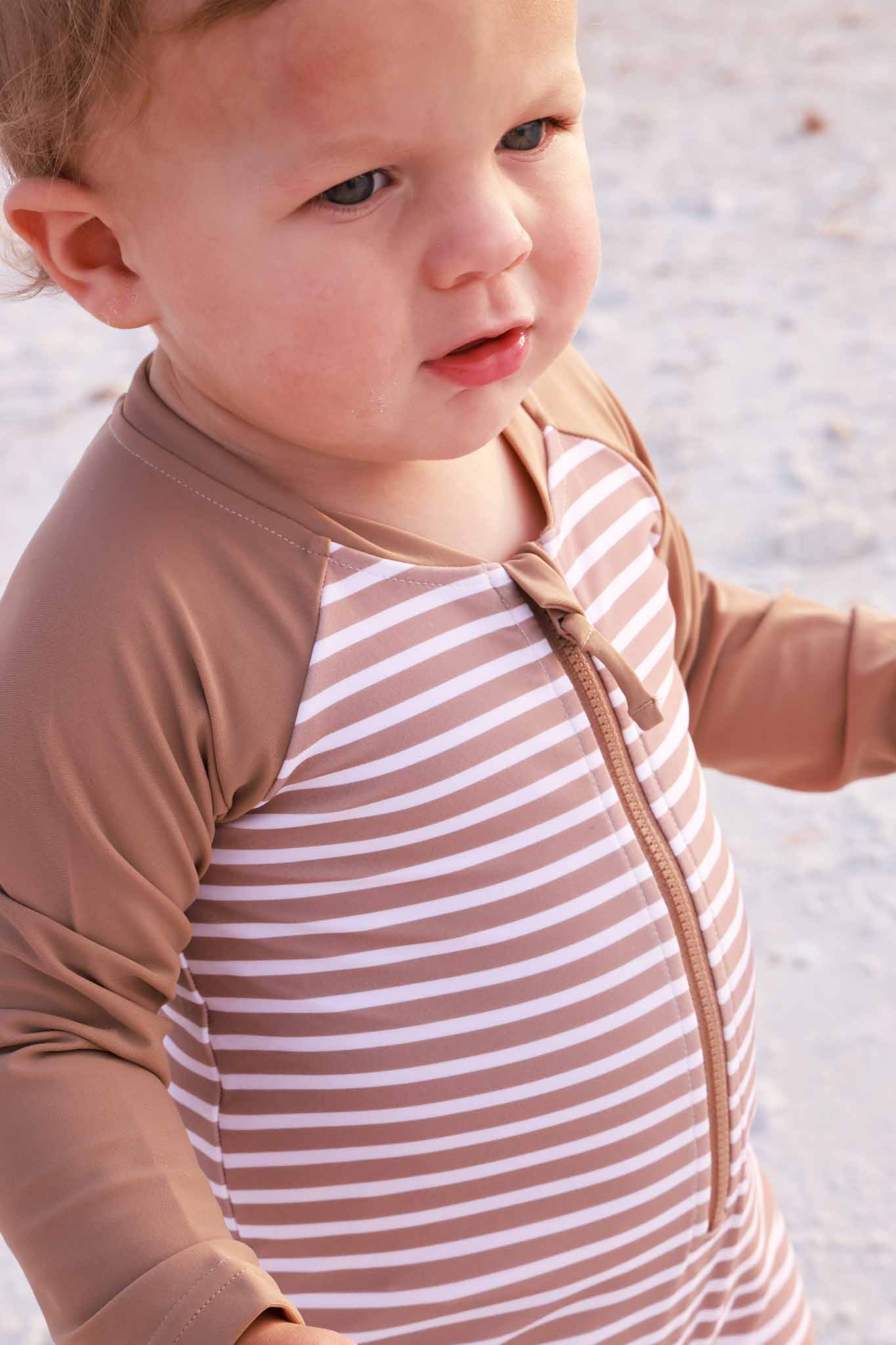Long Sleeve Rash Guard Swim Romper Shortie | Sandy Stripes