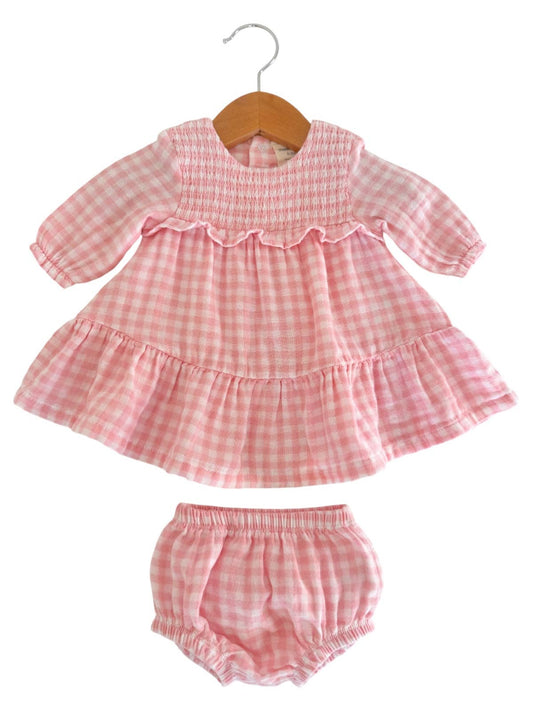 Smocked Ruffle Tiered Dress & Bloomer, Pink Gingham