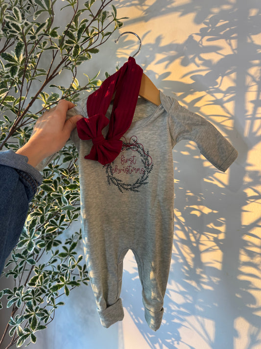 Baby Romper | Sage Green First Christmas Wreath Outfit WITH BOW