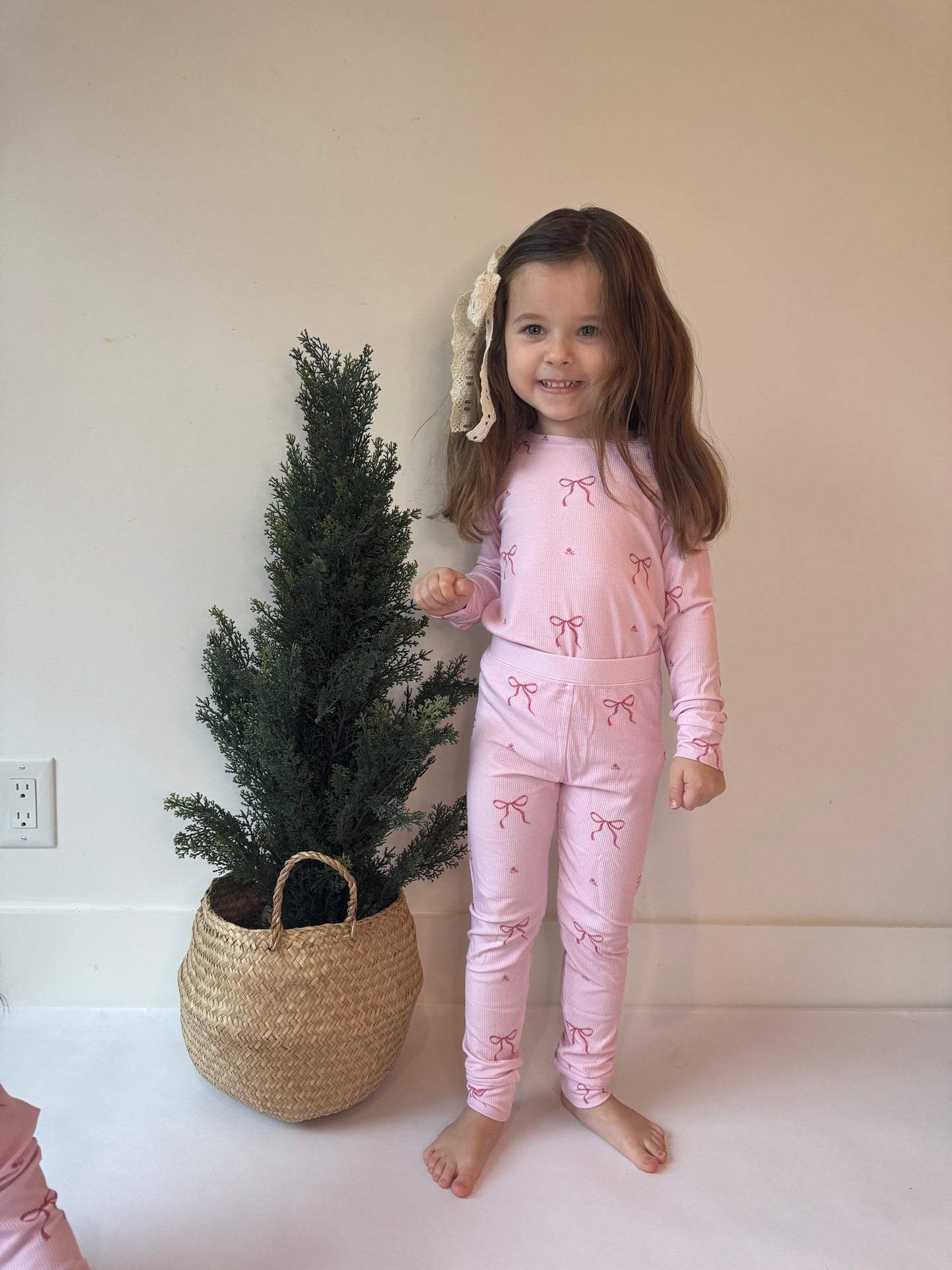 Ribbed Bamboo Two Piece Pj Sets in Pink Bows
