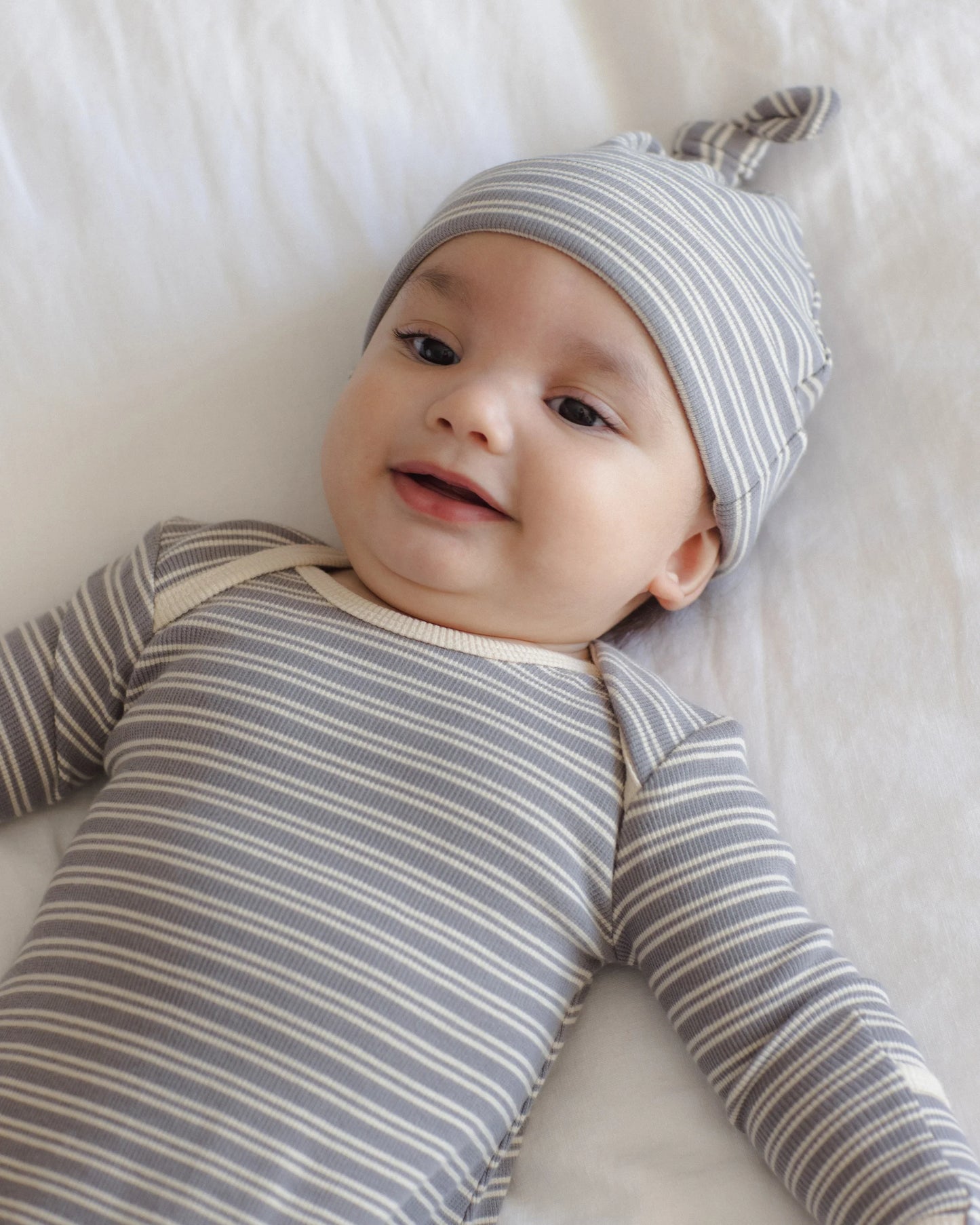 Quincy Mae Knotted Baby Gown And Hat Slate Microstripe