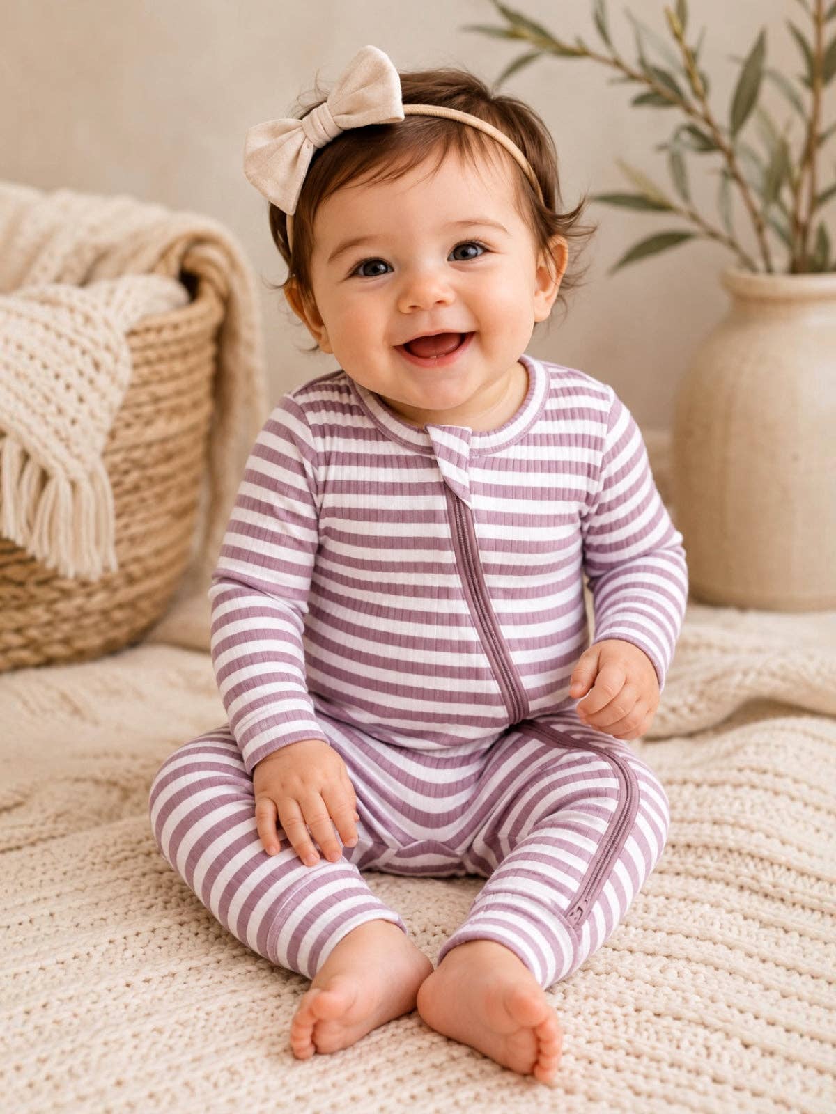 Violet Stripe / Ribbed 2-Way Zip Romper