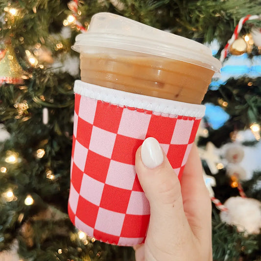 Red & Pink Checkered Iced Coffee Sleeve