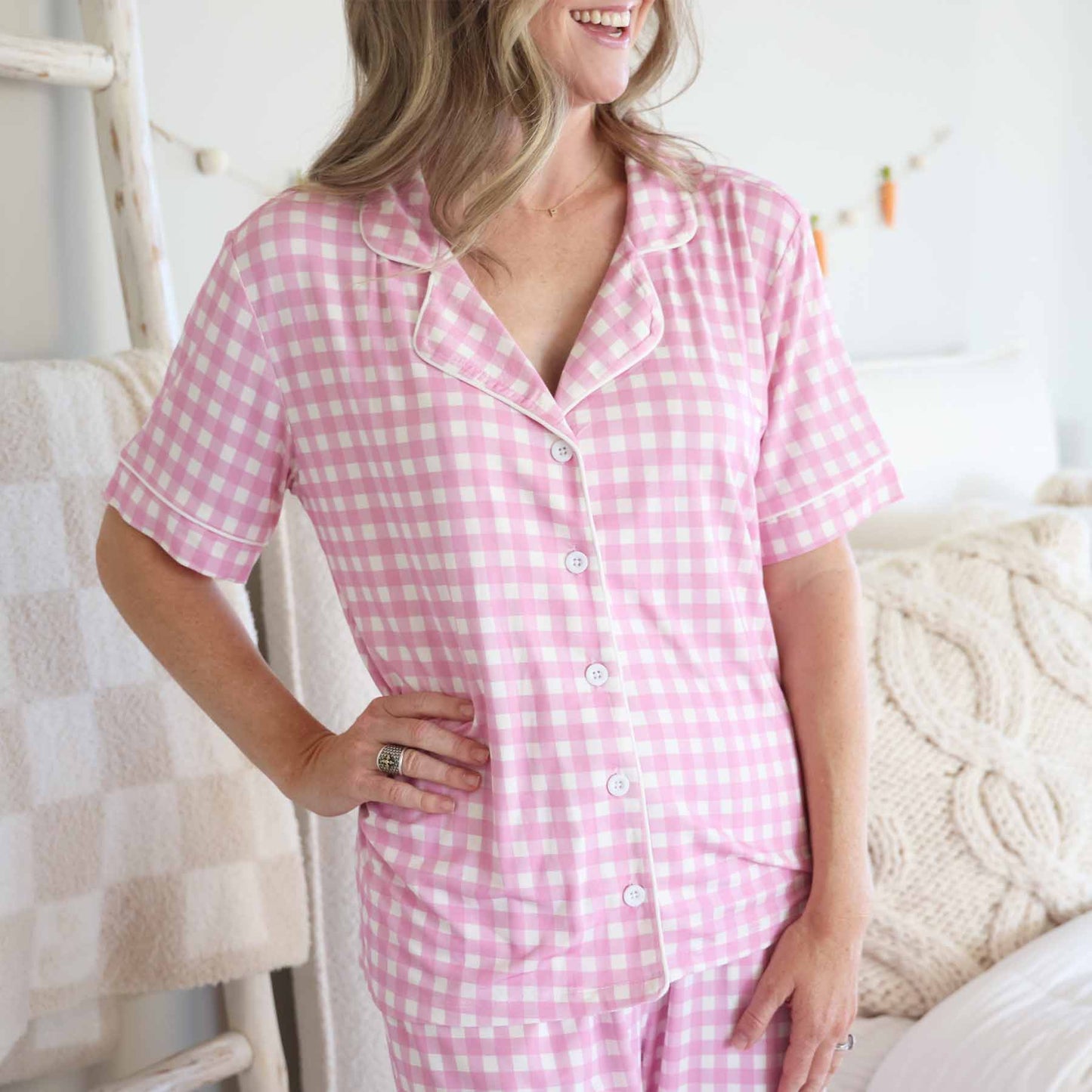 Women's Two Piece Flare Lounge Set | Pink Gingham