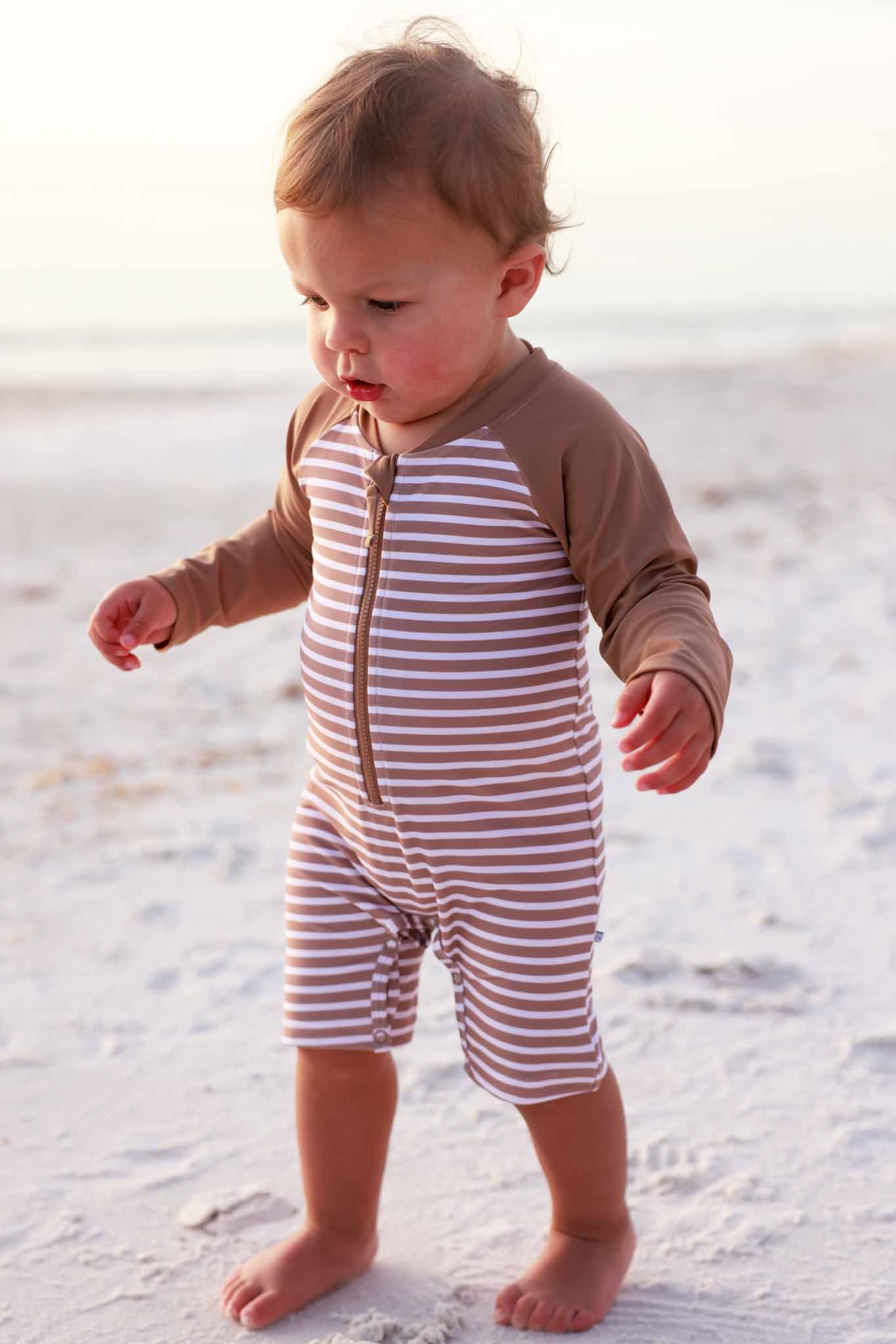 Long Sleeve Rash Guard Swim Romper Shortie | Sandy Stripes