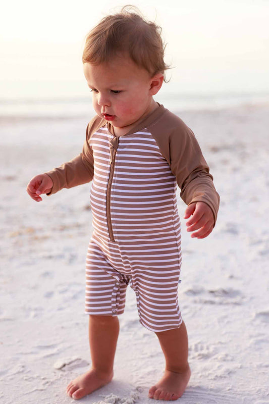 Long Sleeve Rash Guard Swim Romper Shortie | Sandy Stripes