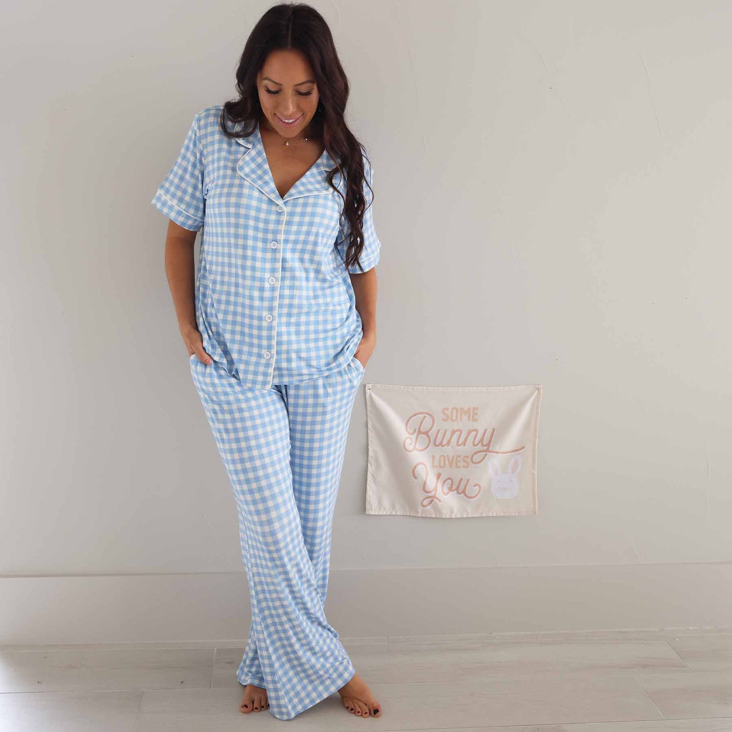 Women's Two Piece Flare Lounge Set | Blue Gingham
