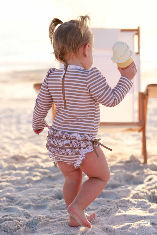 Long Sleeve Rash Guard With Ruffle Bottom | Sandy Stripes