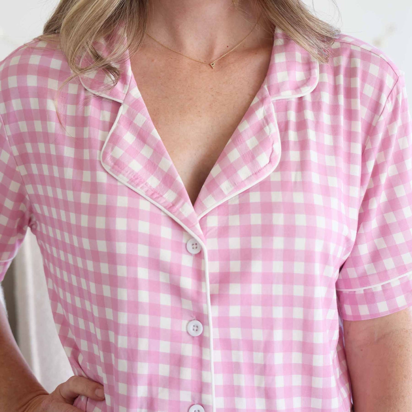 Women's Two Piece Flare Lounge Set | Pink Gingham