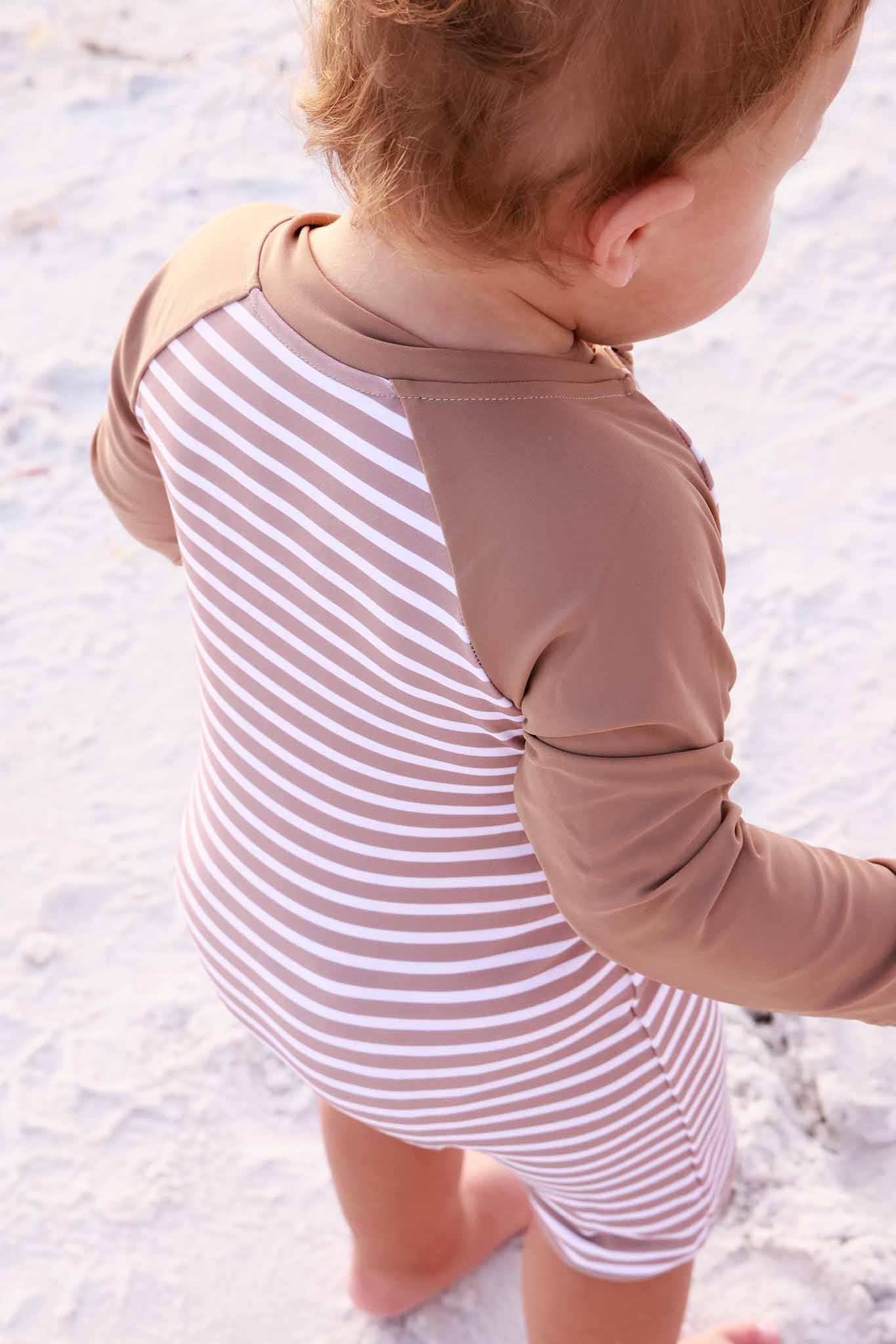 Long Sleeve Rash Guard Swim Romper Shortie | Sandy Stripes